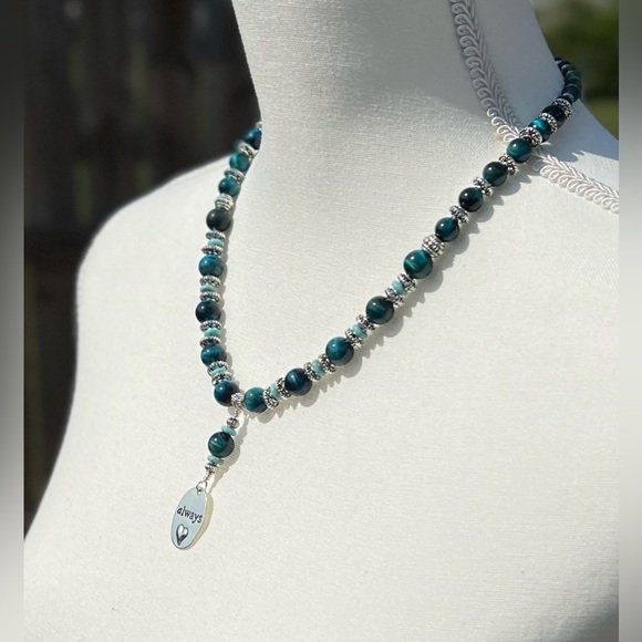 Blue Tigers Eye and Silver Necklace and Earrings Set Handmade - Picture 4 of 16